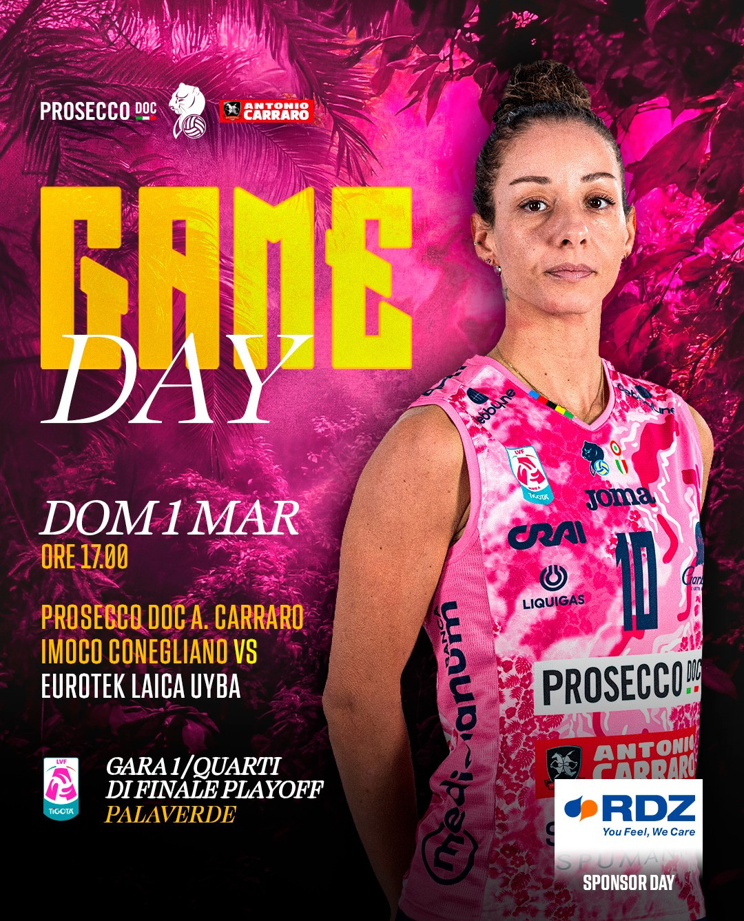 今晚是比赛日，科内利亚诺对阵布斯托阿斯奇奥，八进四系列赛首场比赛！朱婷加油朱婷！