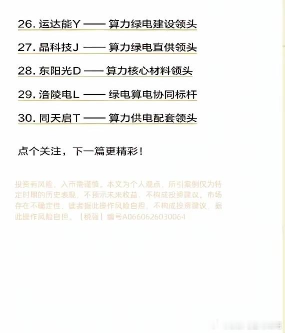 算电协同，排名前30家行业领头电力算力行业分析股市股票财经财经热点