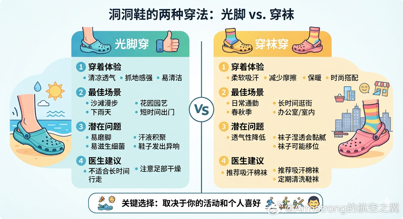 不太理解光脚穿洞洞鞋的人可洞洞鞋的标准穿法就是光脚啊。Crocs官方最早推出的