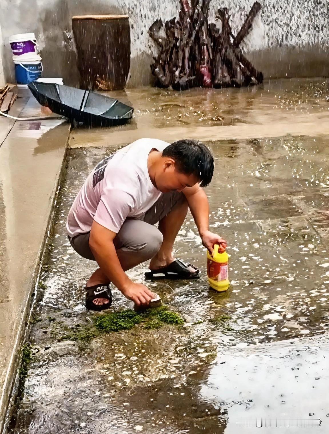 下着大雨，男子蹲在自家院子里，用刷子蘸着洗洁精，非常用劲卖力的在刷地面，衣服湿透