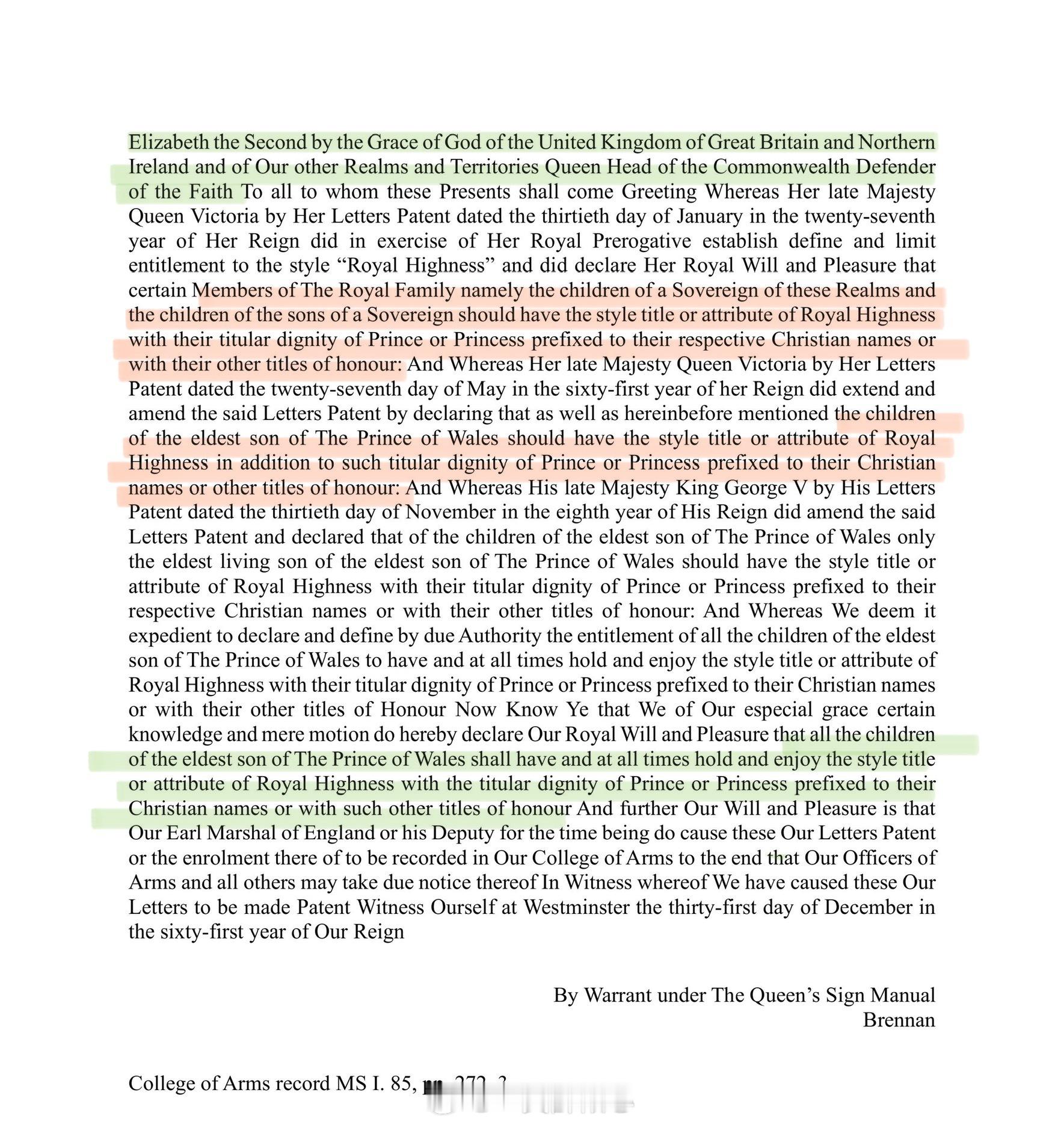 英国王室2012年12月31日，伊丽莎白二世女王颁布一条法令，修改她