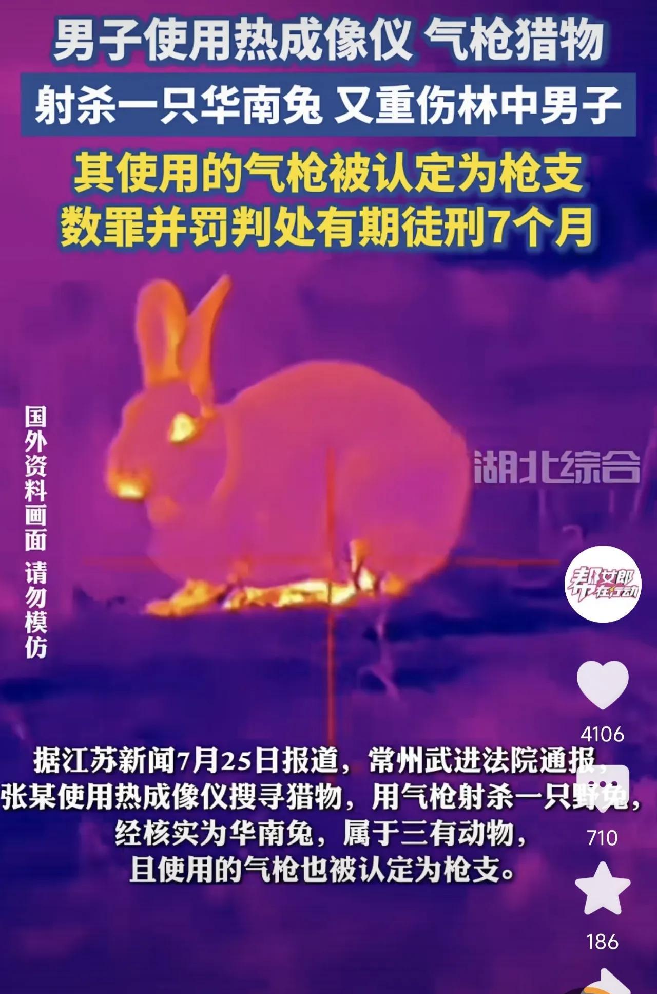 江苏常州，一男子去树林打猎，用“热成像仪”搜寻猎物，用气枪射杀一只华南兔，随后，