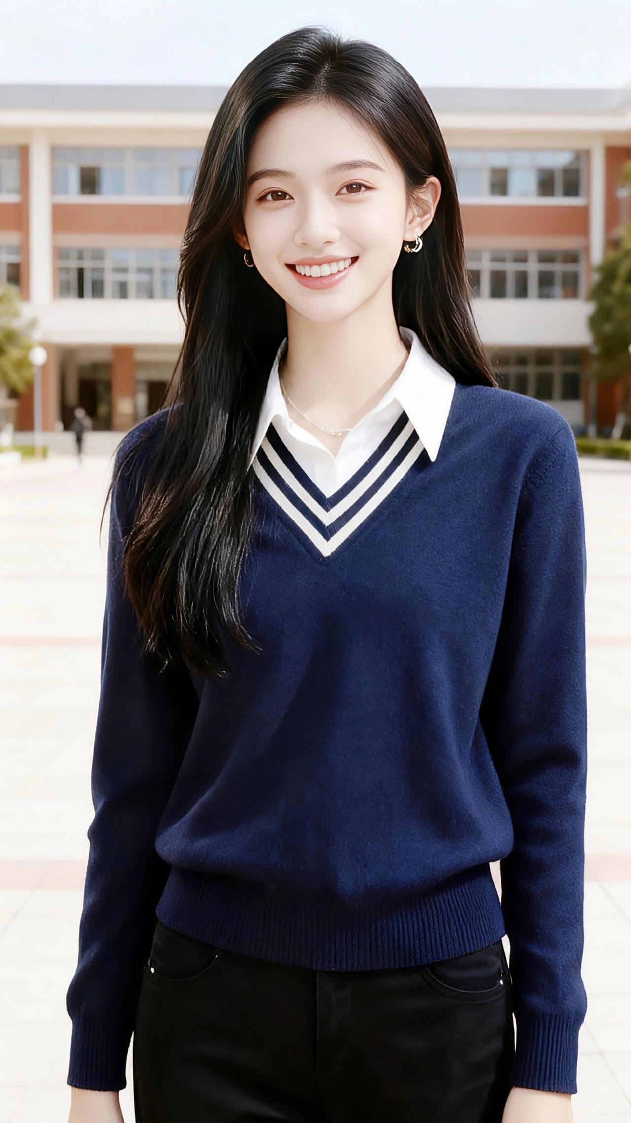 这是独属于青春的蓝白配色——藏青针织衫裹着白衬衫的领角，像把晴日的天和云都裁成了