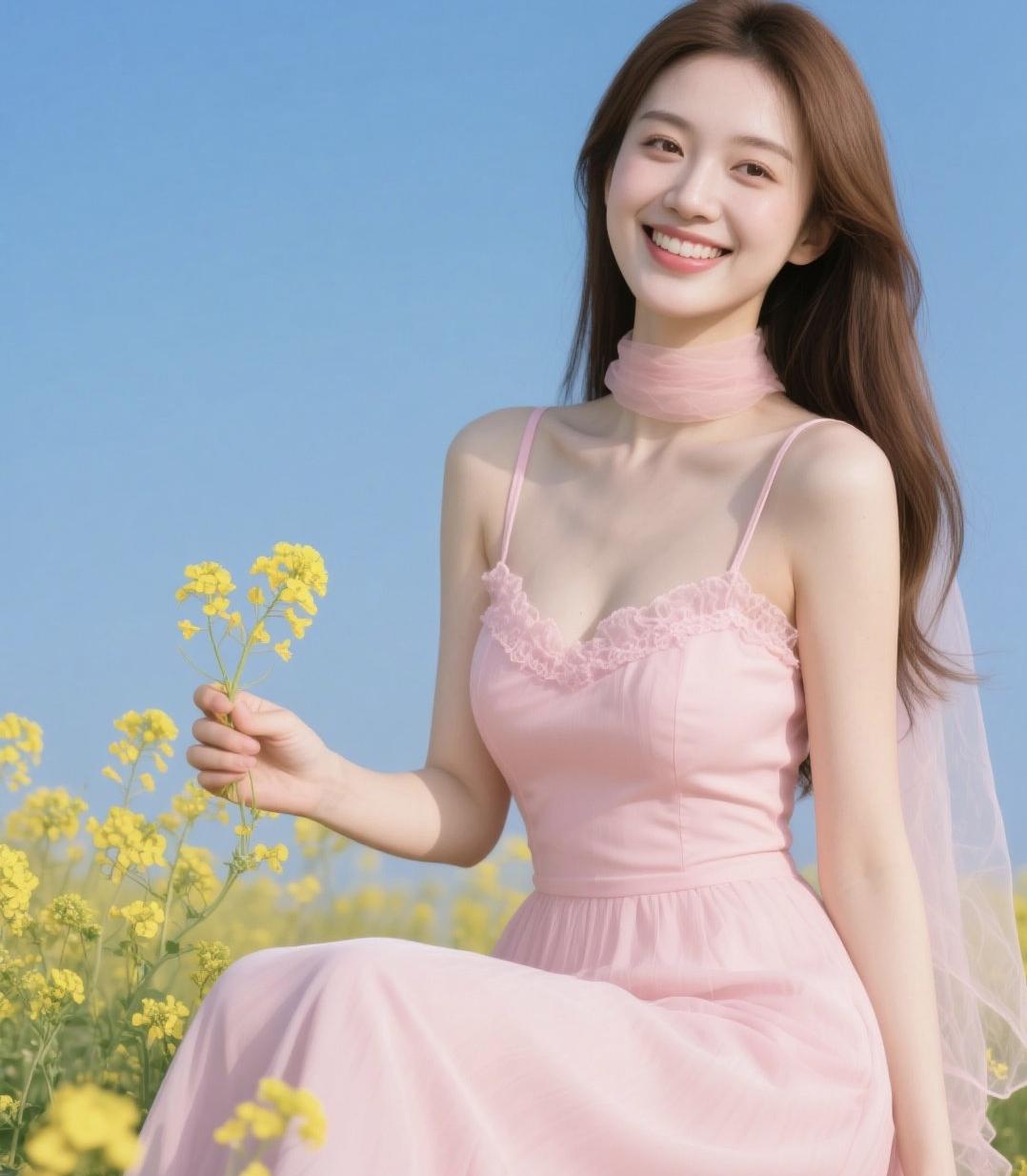 《粉裙摇落菜花黄》晴蓝铺就万里光，粉裙轻曳菜花黄。柔纱漫绾春风软，笑