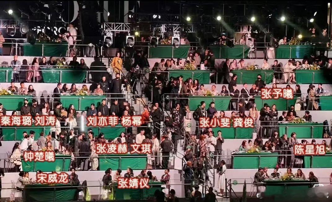 VOGUE内场座位图：刘亦菲杨紫幂一桌；龚俊张小斐一桌；刘涛秦海璐一桌；张凌赫文
