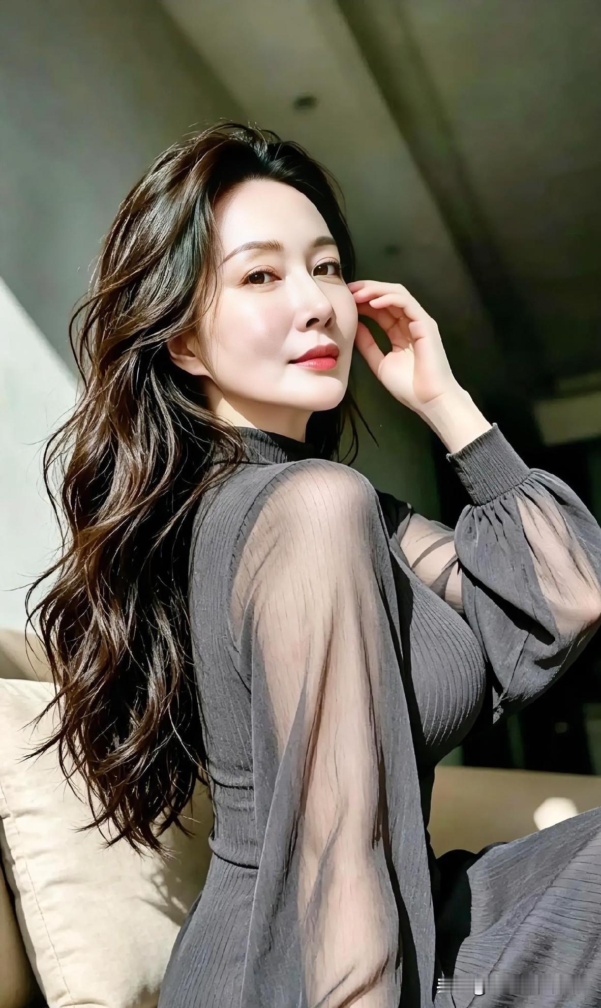 墨发如瀑，轻纱似雾，她于光影间低眉浅笑。一袭灰裳，勾勒温婉轮廓；半掩眸光，藏着岁
