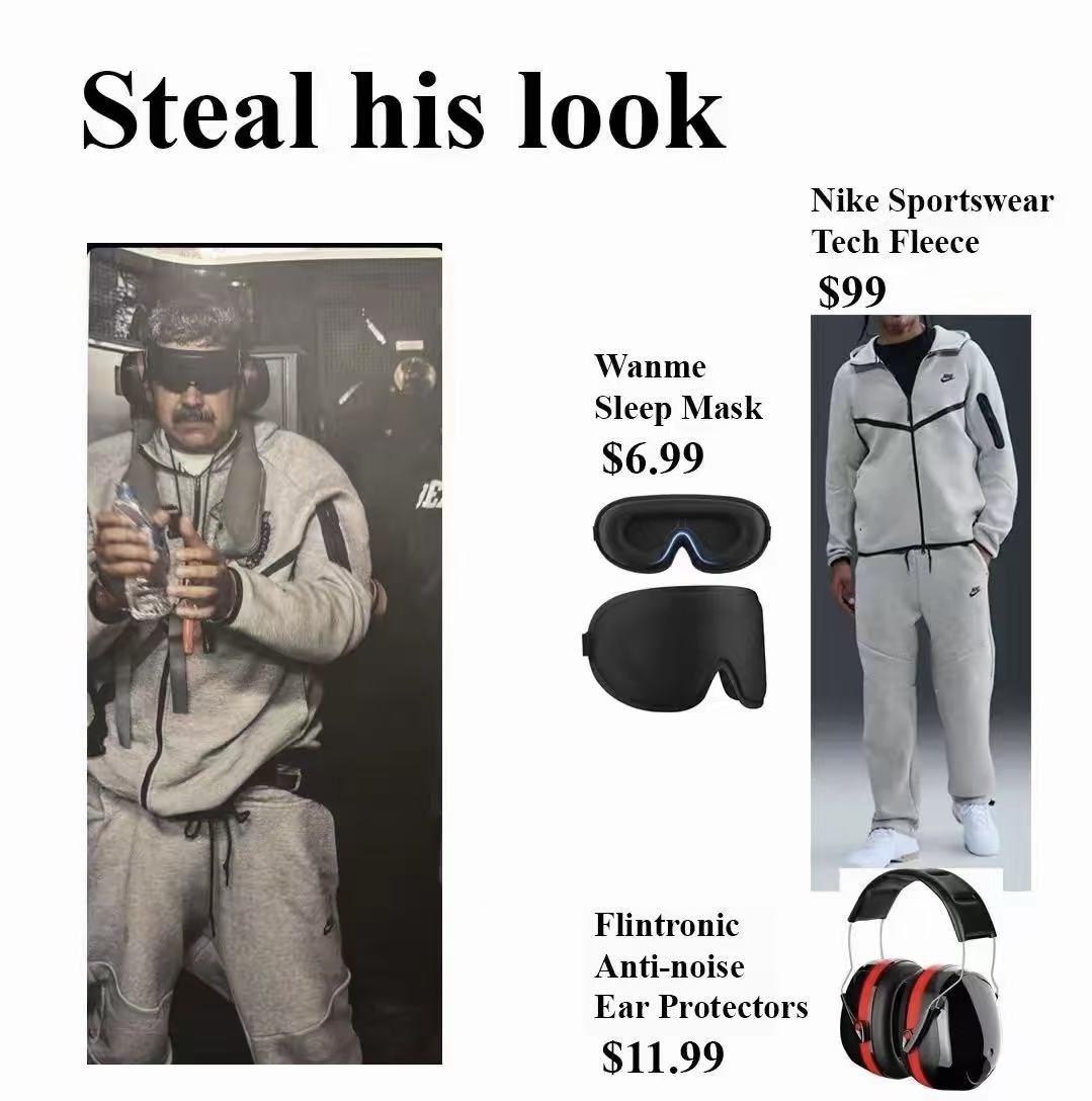 马杜罗的美式穿搭火了，何尝不是种羞辱。服装：99美元，耐克运动套装睡眠眼罩：