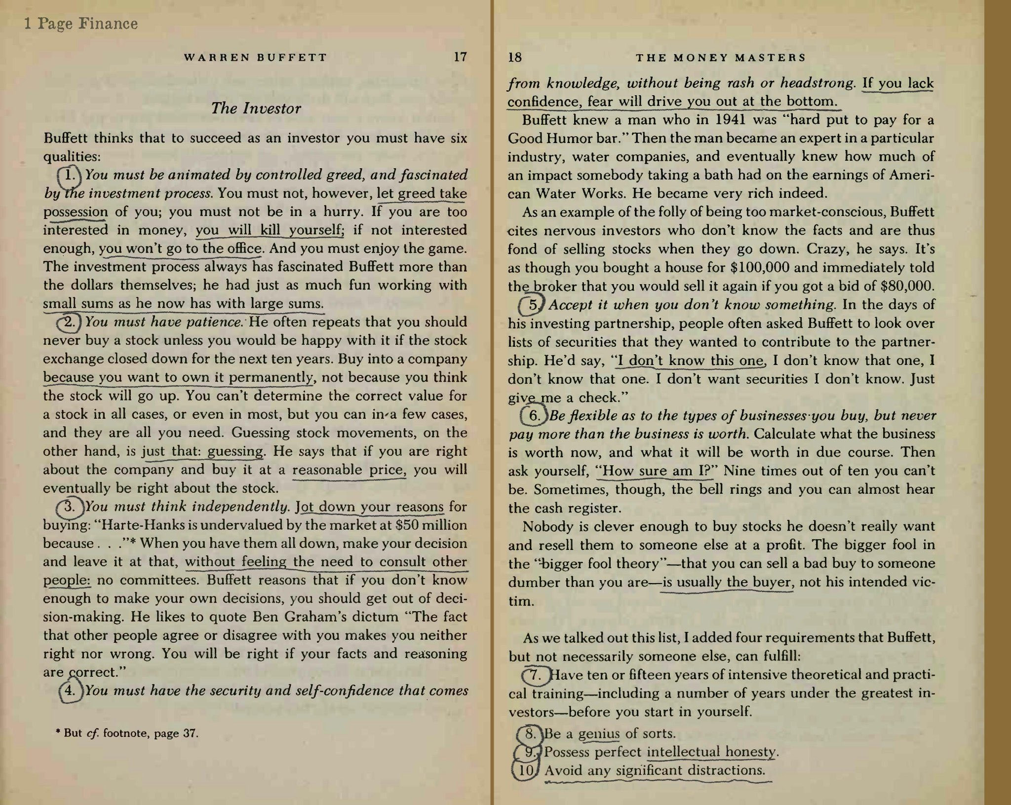沃伦・巴菲特定义的“成功投资者必备的10项核心品质”（前6项为巴菲特本