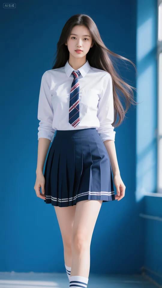 纯色背景，蓝调里的青春学妹白衫衬梦，格裙藏趣，把校园的纯与真，晕染成画里的清新