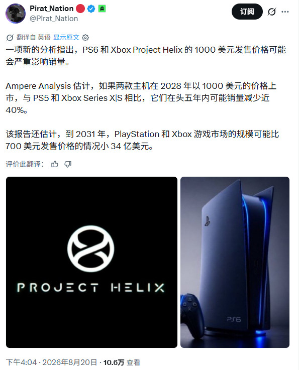 报道称下一代Xbox和PS6若定价1000美金“五年内销量将下降40%”据外媒报道，近日分析机构Am