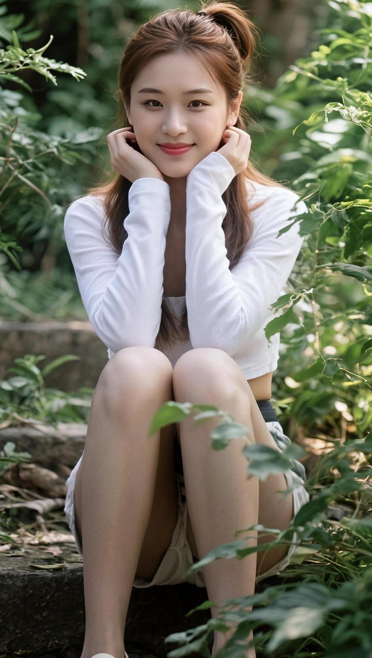 这姑娘是不是偷偷喝了“青春不老泉”？坐在那儿，阳光洒在她身上，仿佛时间都静止了。