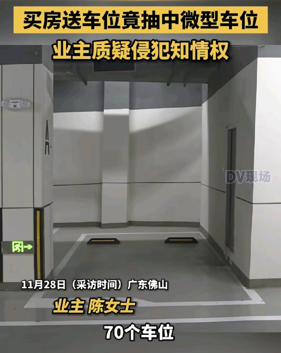 广东佛山一位业主称他们当时买房，销售方面称可以送车位，没想到抽中了一个微型的车位