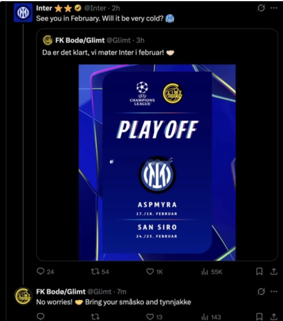 国米与闪耀哥社媒调皮互动：二月见！你那儿真的很冷吗？欧冠淘汰赛阶段对阵已出炉，博