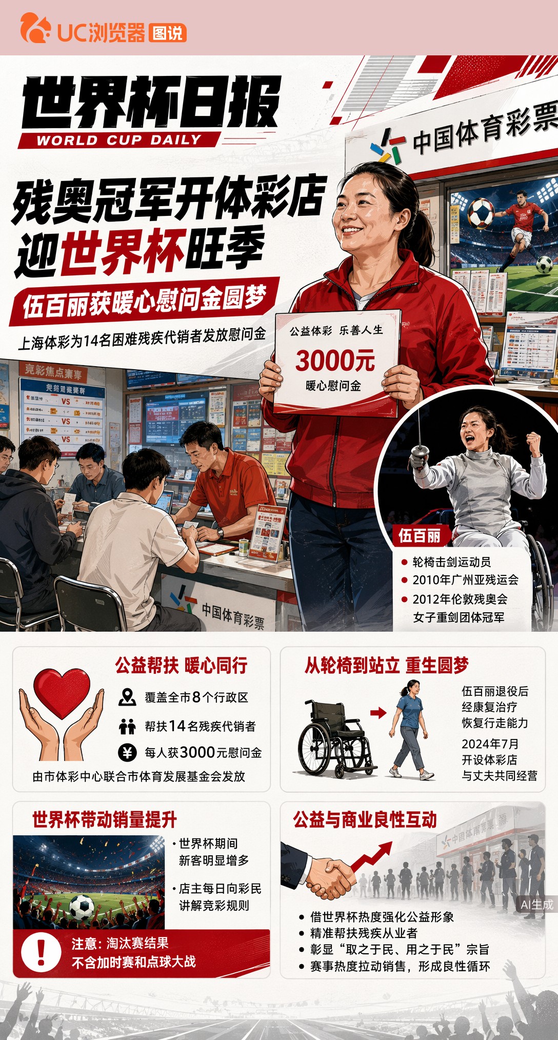 残奥冠军开彩票店迎世界杯！伍百丽从轮椅到站立重生，世界杯旺季获暖心3000元Wait,letmere