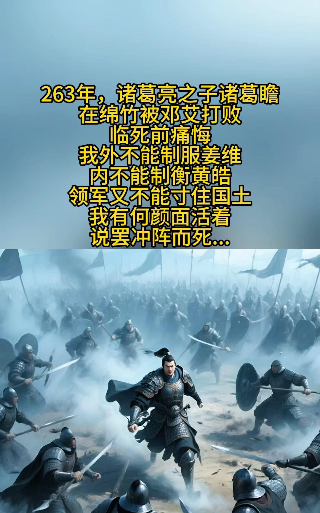 263年冬，诸葛亮之子诸葛瞻被邓艾击败，退守绵竹。邓艾送去劝降信，说：“你父亲不