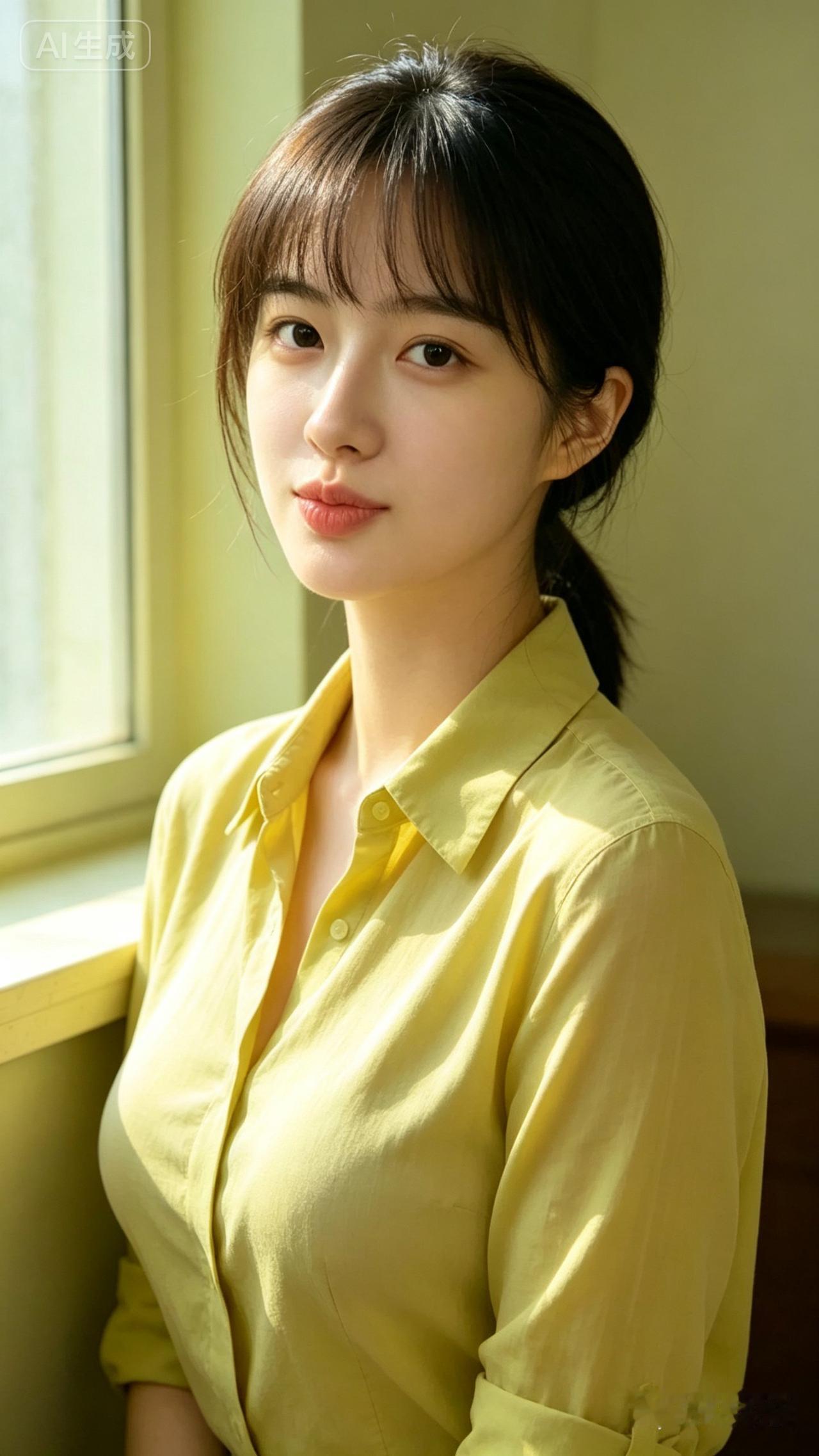 阳光明媚，女孩靠窗微笑。