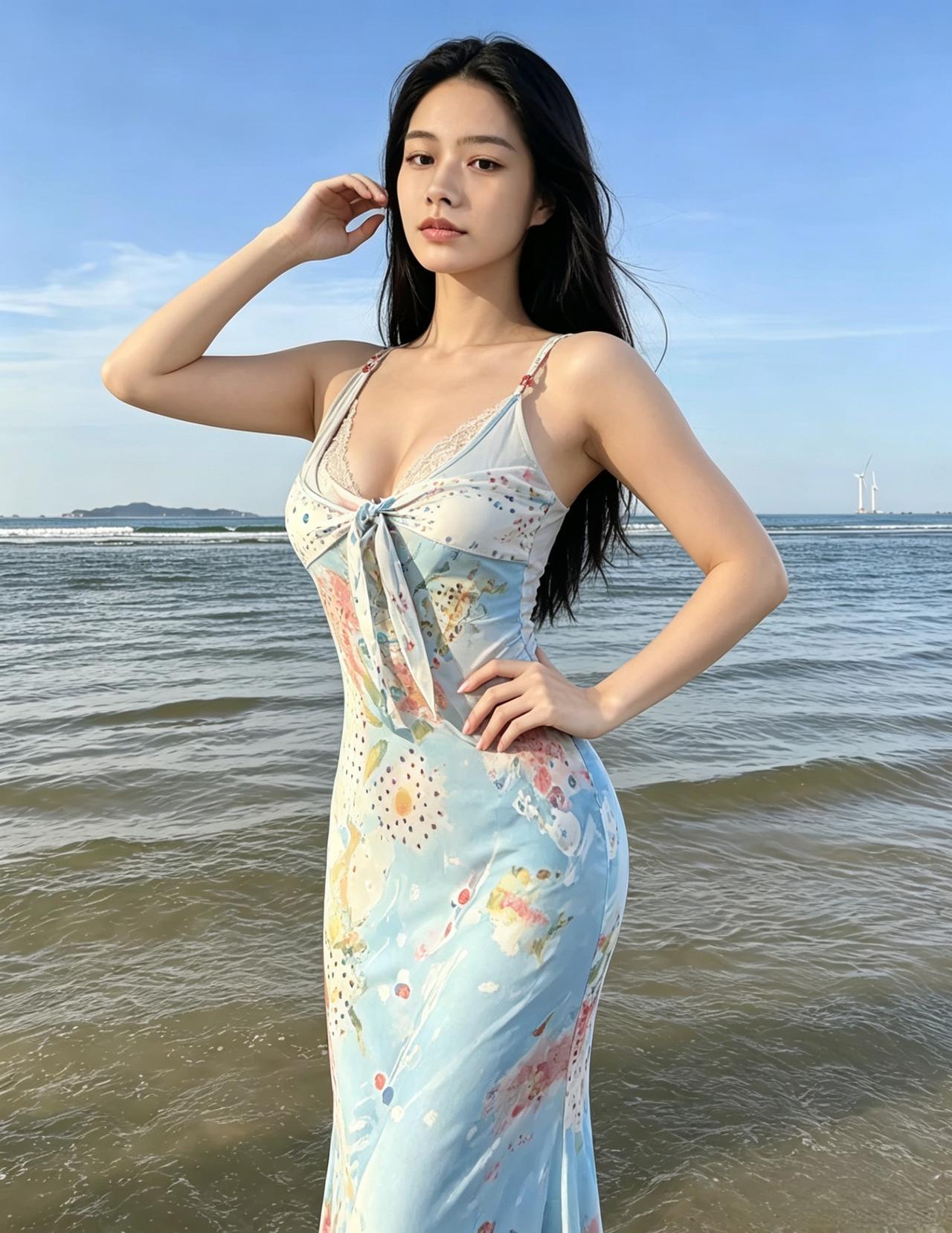 碧海蓝天作幕布印花长裙随海风轻拂眉眼沉静，气质温软远处帆影轻晃世间所有温