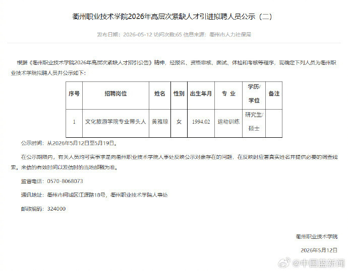 【#黄雅琼拟入职衢州职业技术学院#】#黄雅琼衢州高层次紧缺人才引进#5月13日