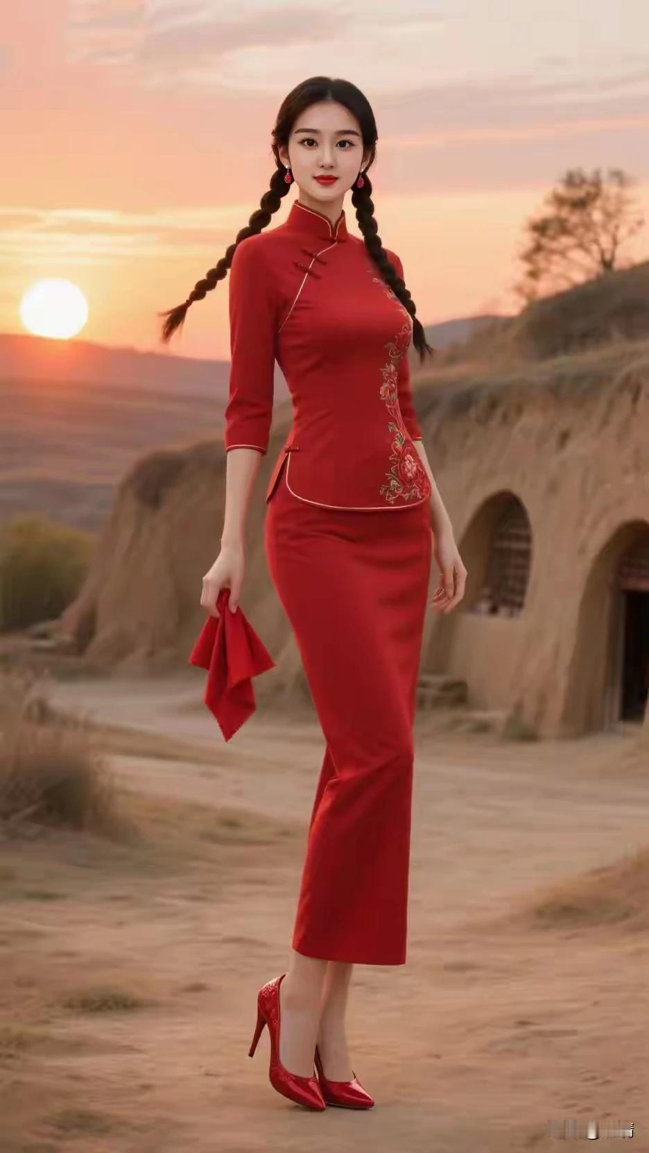 红装热烈，黄土厚重东方美学，兼容并蓄传统服饰，跨越地域黄土坡上，最红玫瑰