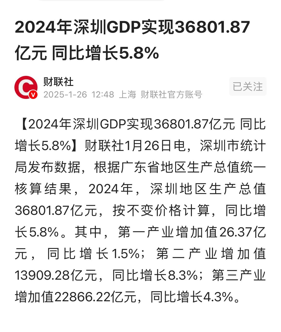 深圳2024年实现GDP36801.87亿元，同比增长5.8%。与上海的5392