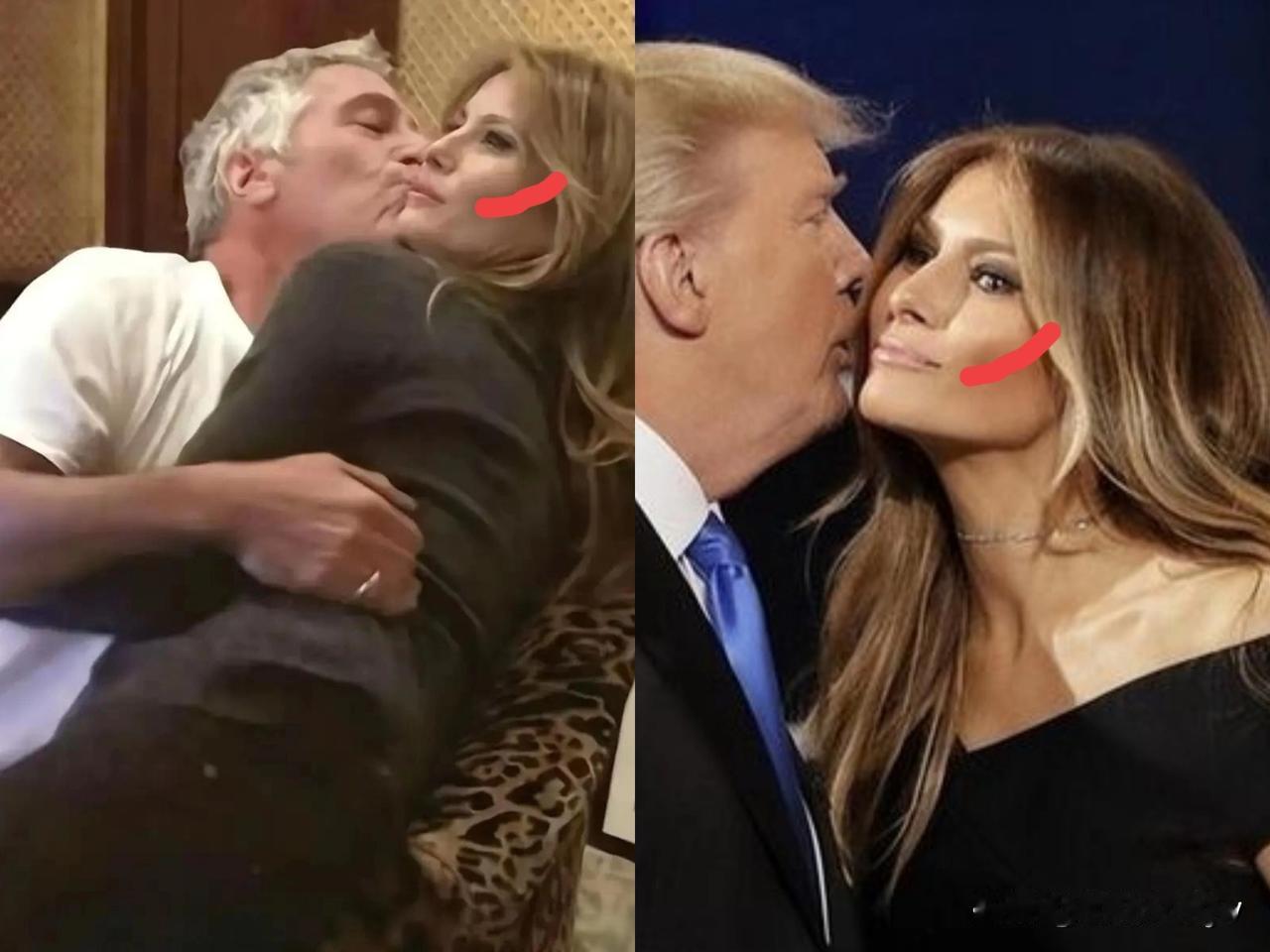 简直太像了！图左是爱泼斯坦与助理梅拉尼亚。图右是特朗普与夫人梅拉尼亚。