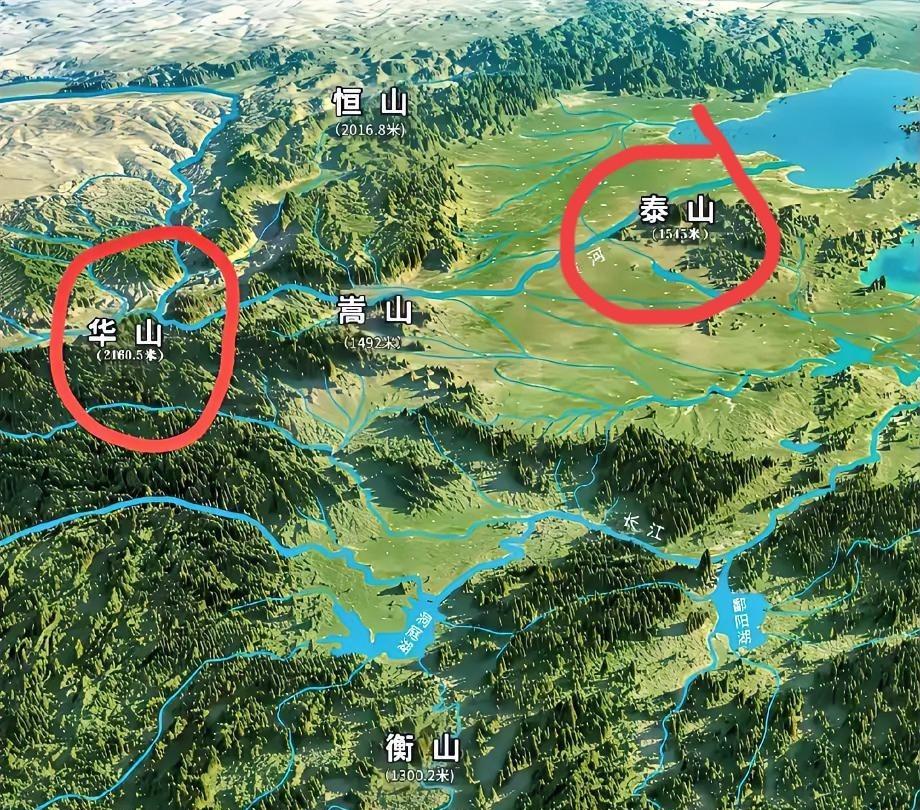 这张图清楚的告诉我们，泰山为什么是五岳之首。其他四岳都在西边，只有泰山屹立东方