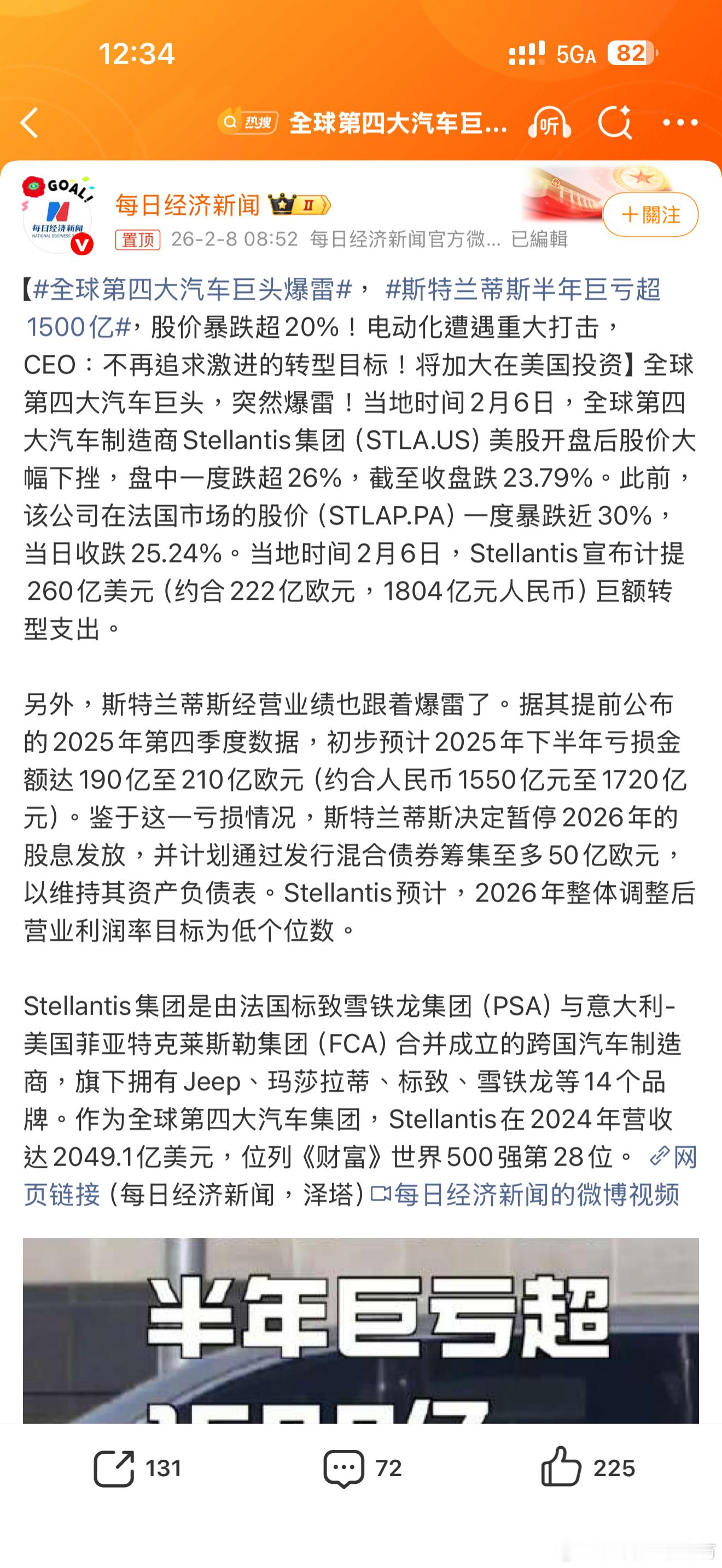 全球第四大汽车巨头暴雷Stellantis集团是由法国标致雪铁龙集团（PSA）与