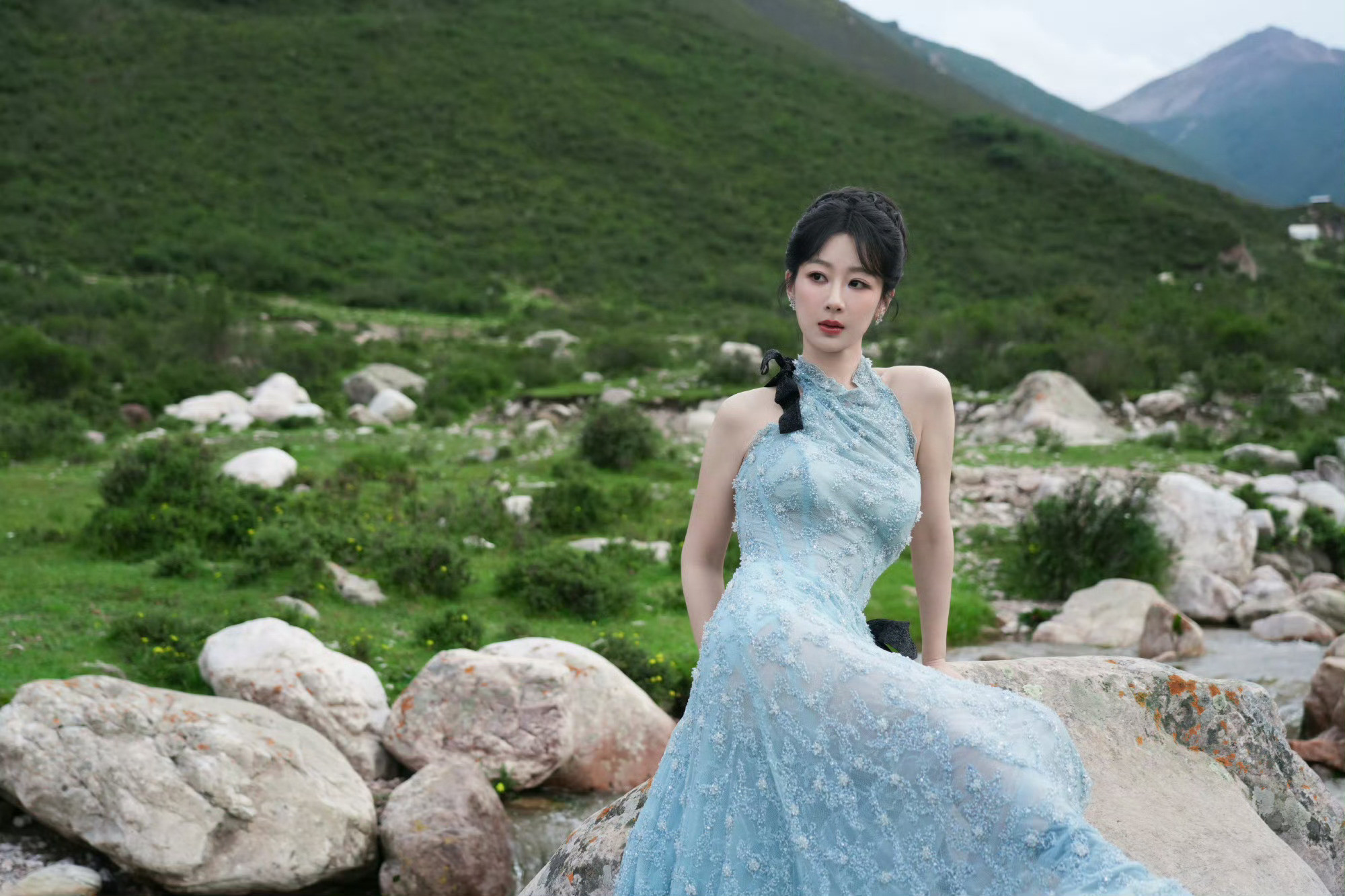 杨紫杨紫嘴里叼花杨紫身着淡蓝礼裙，于绿意盎然的自然间，宛如灵动仙子。精