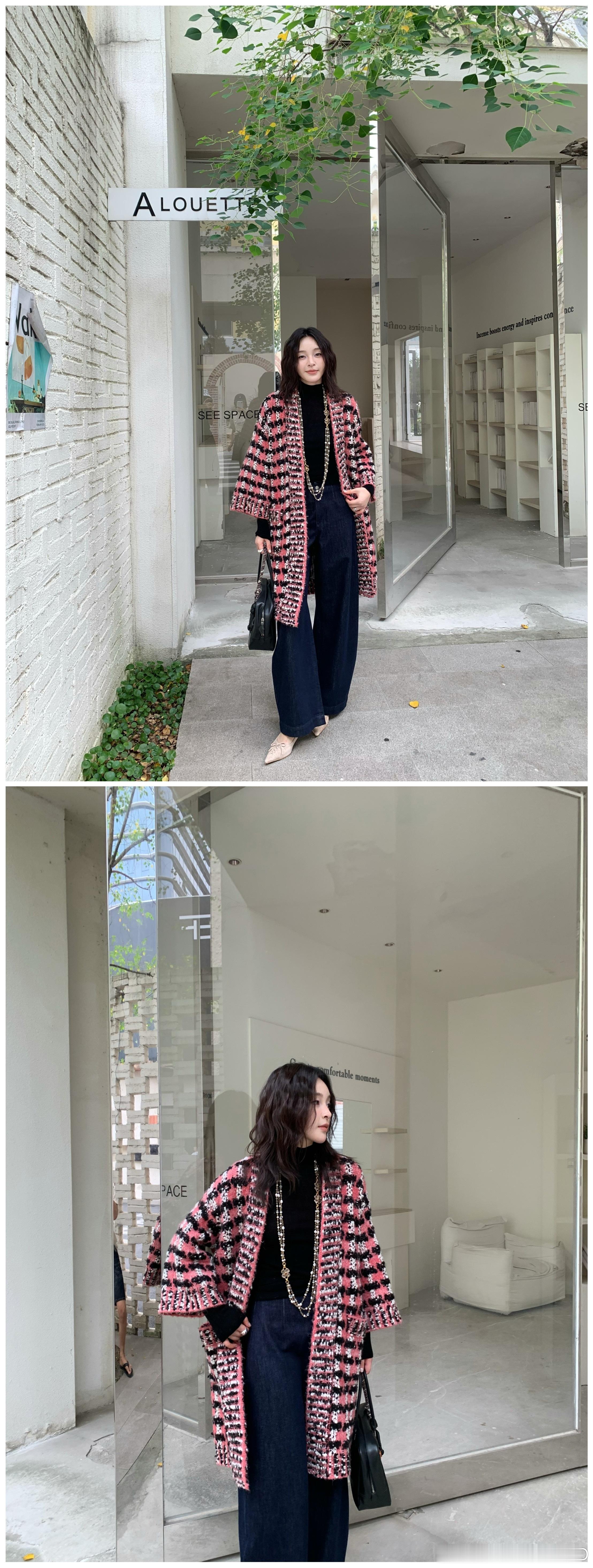 粉调复古格纹针织开衫外套，自带复古氛围感💖甄选Pearl珍珠纱羊驼混纺花式纱，