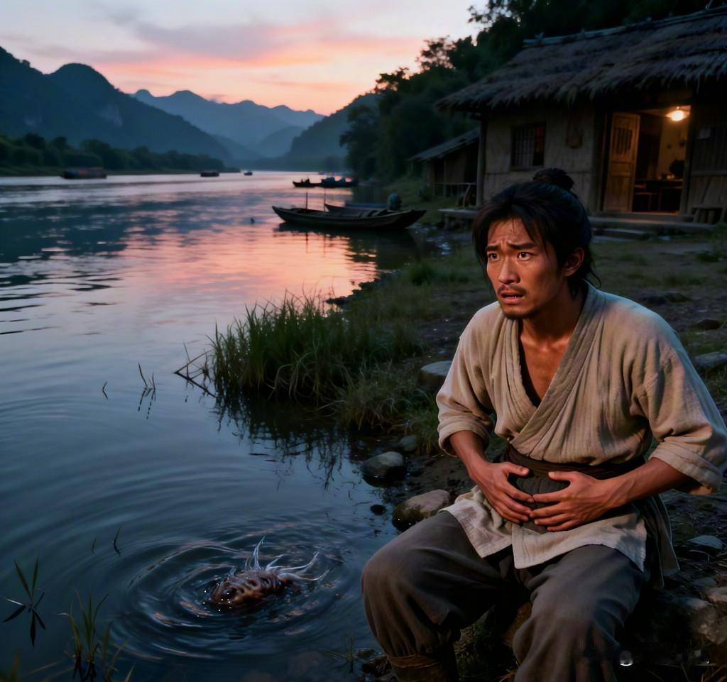 古时候，有一个年轻人，夏天在江中洗澡的时候，突然感觉有什么东西被吸进了口中。正当