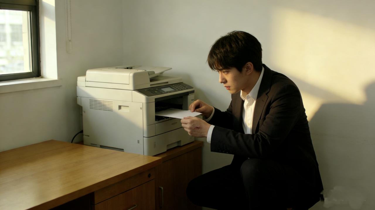 新来的实习生第一天上班，被安排坐在打印机旁边。下午，打印机卡纸了。他站起来捣鼓