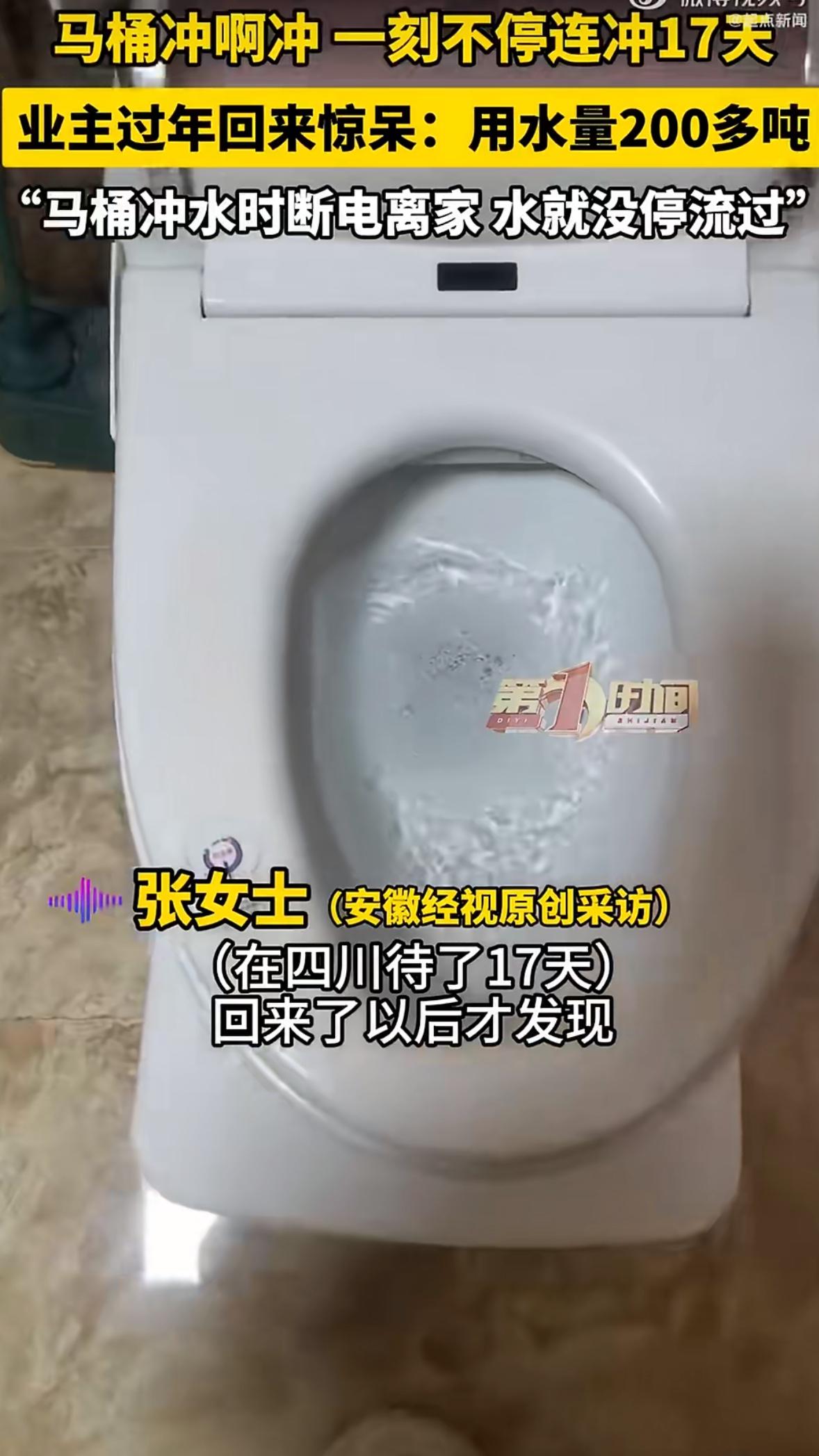 河南洛阳发一女士过年离家17天，回家一看水表直接“爆表”，智能马桶竟然偷偷狂冲了