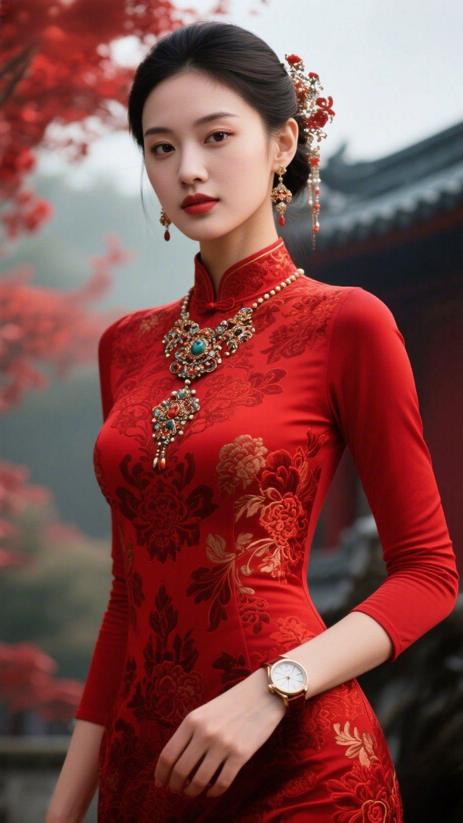 《红襟绣纹的温雍》艳红裙衫如裁下的丹霞，襟间绣纹是绽开的牡丹，珠饰轻缀似檐