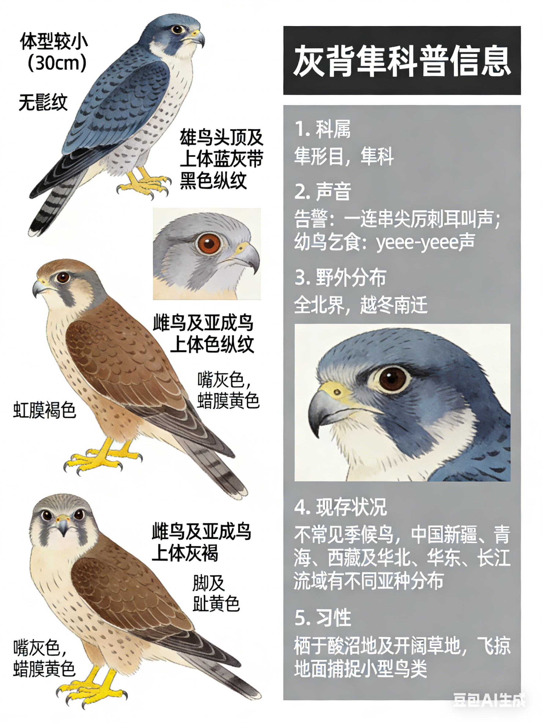 鸟类朋友图鉴灰背隼·科属：隼形目，隼科。·外形特征：体型较小（30cm）的隼。