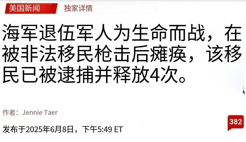 一个被派遣很多次的美国海军陆战队队员，曾经出征过伊拉克。被非法移民射杀三次，现在