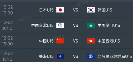 北京时间12月22日，明天的U15东亚杯迎来小组赛第三轮的较量，赛程如下：第一