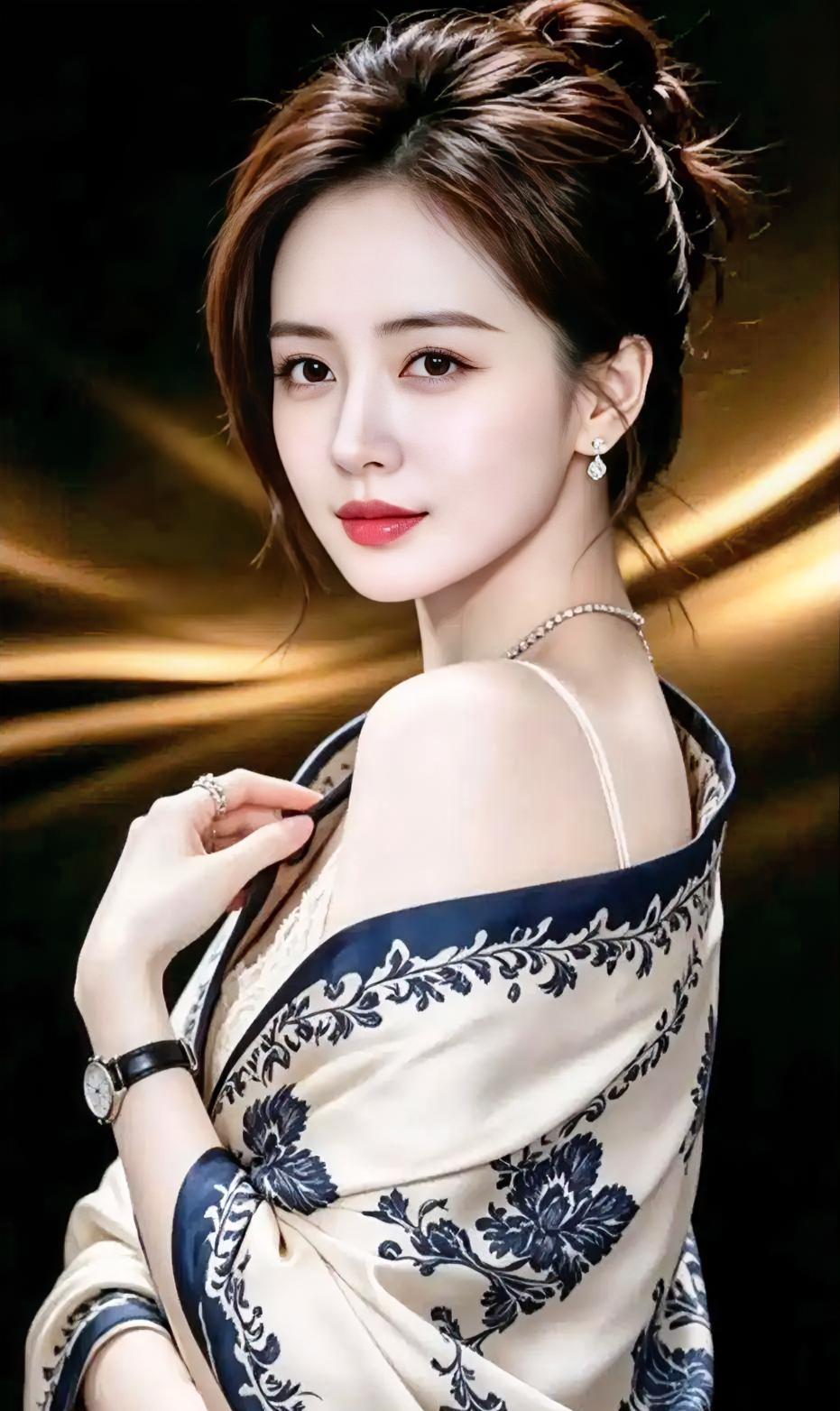 金光在身后流转你回眸丝缎轻搭肩青花悄悄盛开珠链绕颈软发髻挽住