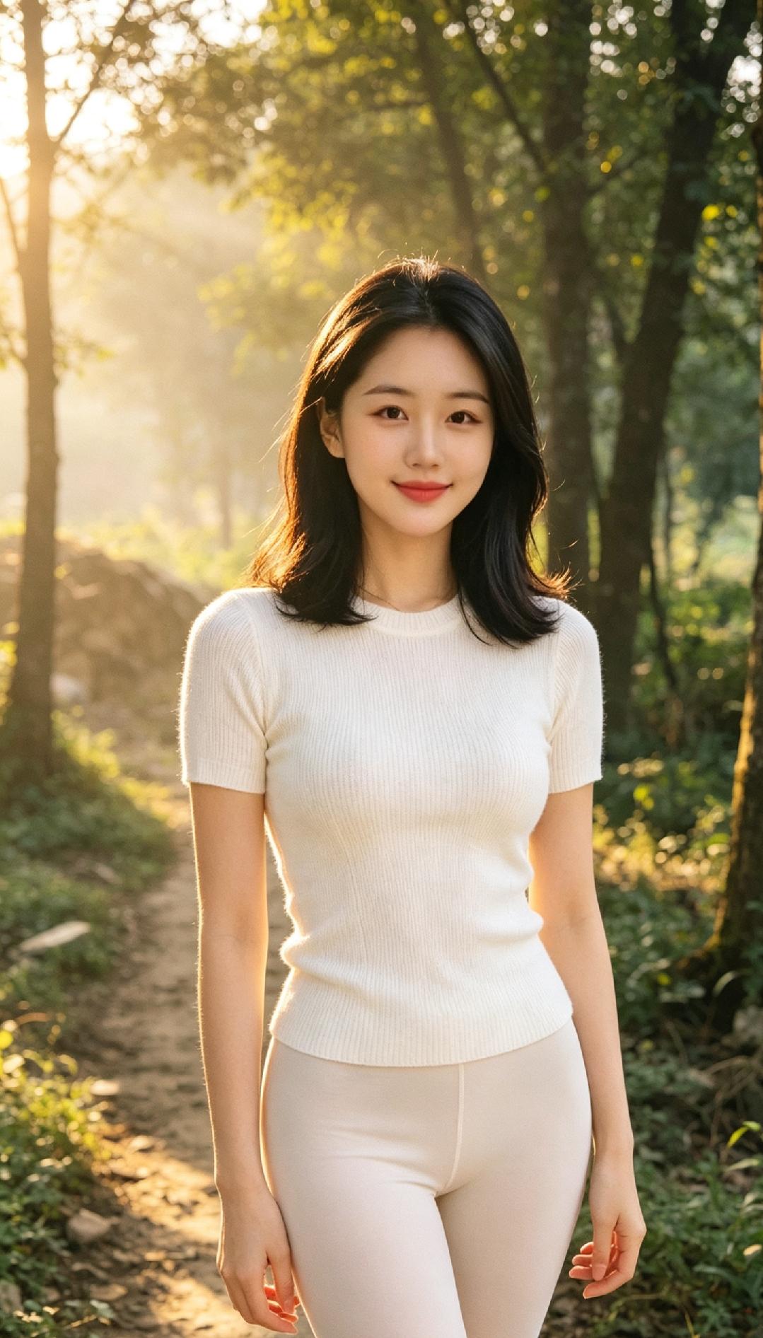 阳光下的清新少女，漫步在林间小道，感受大自然的美好。