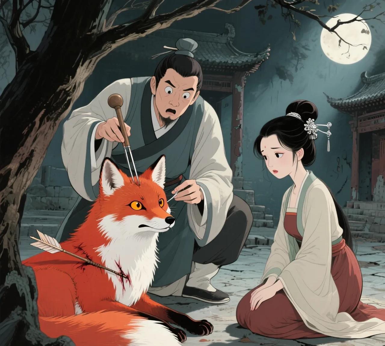 古时，一郎中夜行山路，遇一美貌女子，美女请他为父治病。郎中见病人中了箭伤，便为他