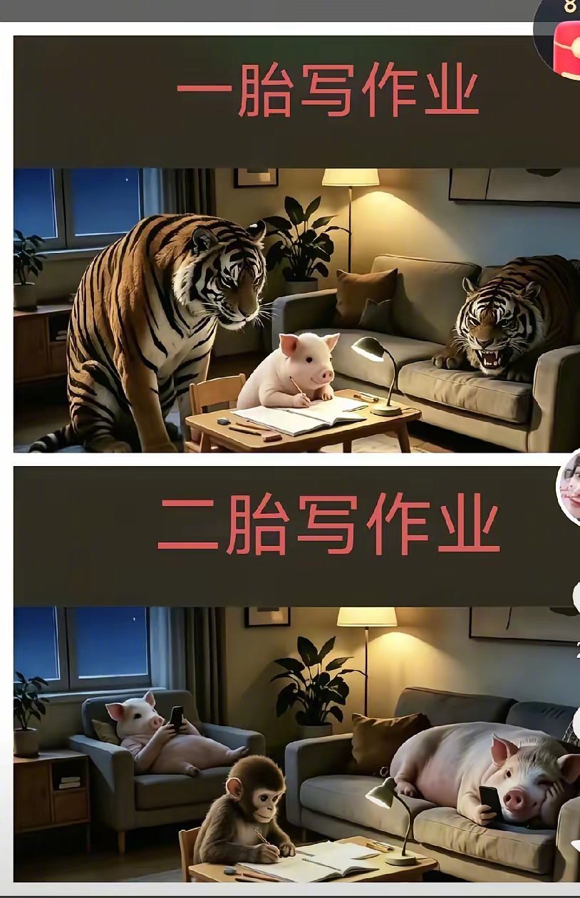 太形象了，一胎孩子写作业，二胎孩子写作业。关于孩子学习，我现在基本上想开了。孩子