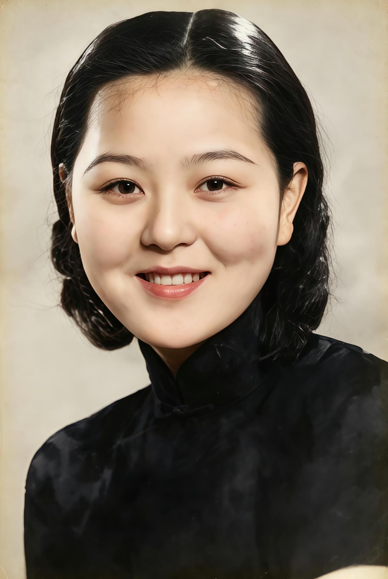 这位女子面盘饱满柔和、眉眼温润大方，笑起来舒展端庄是面相审美中标准的富贵相。在民