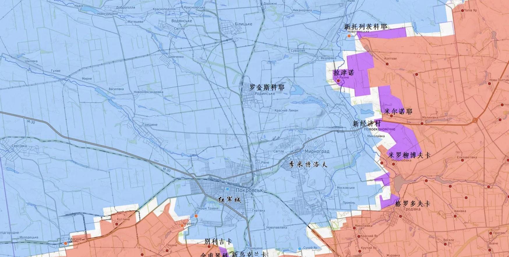 俄军对红军城及其卫星城季米特洛夫的包围态势。紫色是俄军过去一天内取得的进展。现