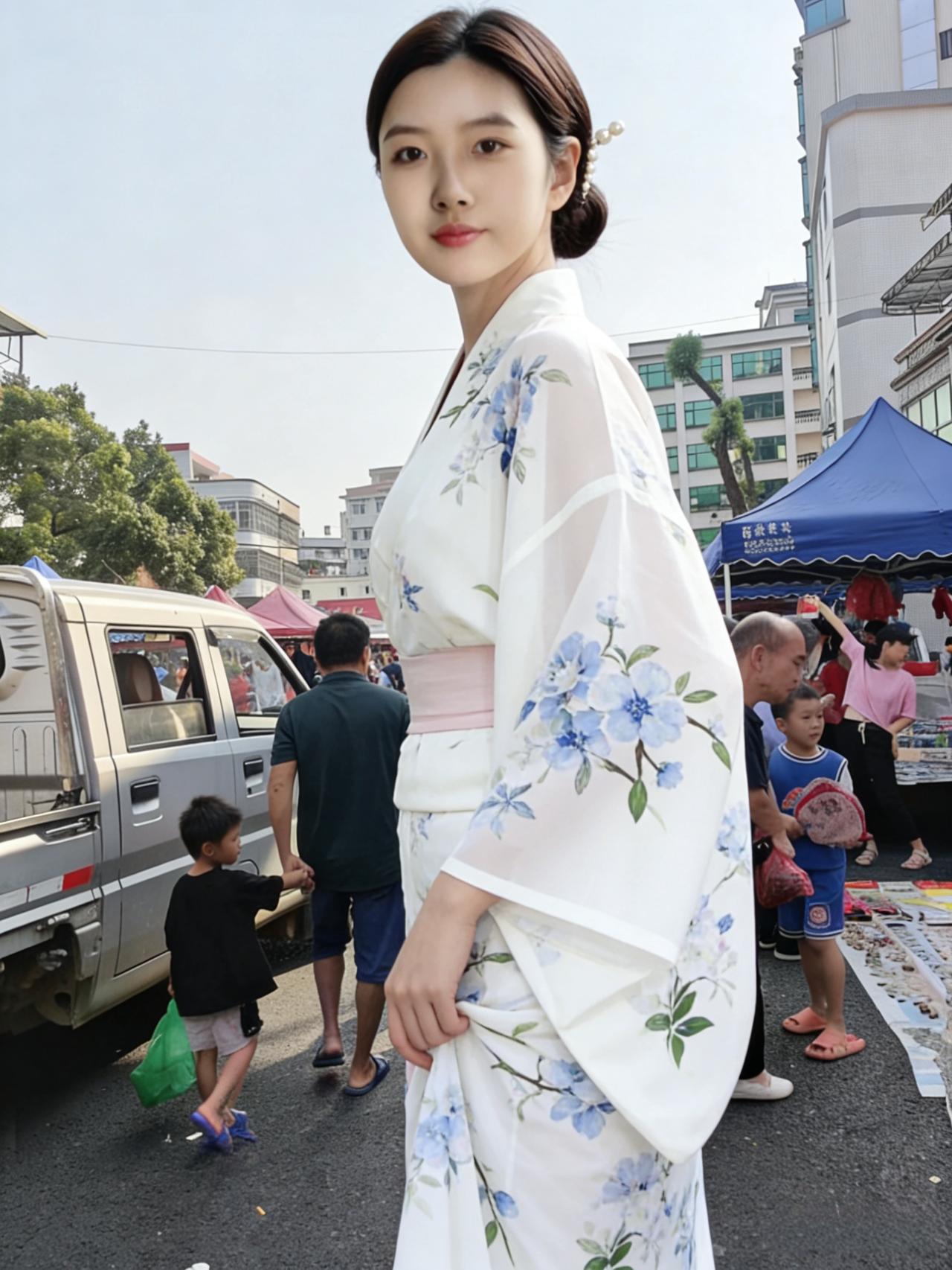 市集人熙攘，佳人着素裳。花纹凝雪色，腰束粉罗香。鬓畔簪珠蕊，眉间锁静光。喧