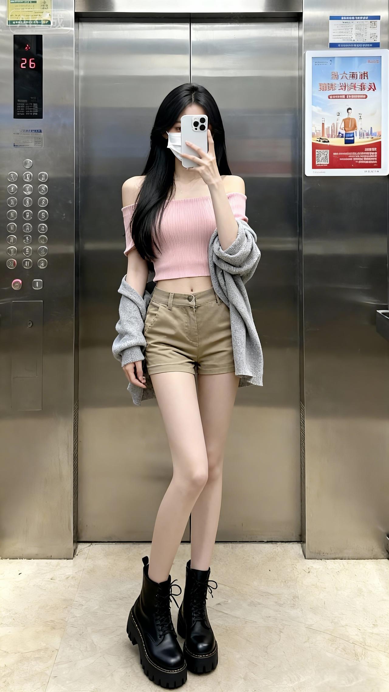 今天这身穿搭够不够随意？。每日分享御姐电梯拍照大长腿