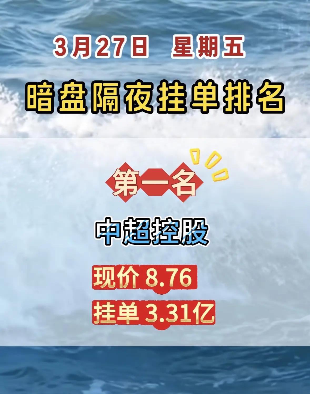 3月27日暗盘隔夜挂单排名解析！！！-中超控股：排名第一，现价8.76，挂