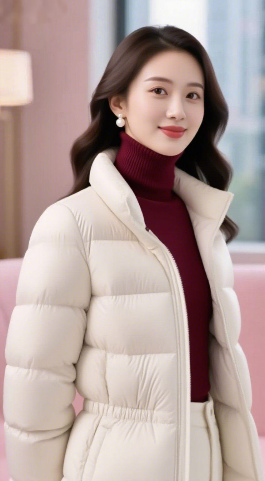 冬室暖浅米色羽绒裹着一室柔光，像将窗外未融的细雪，妥帖收进了衣褶里。酒红高