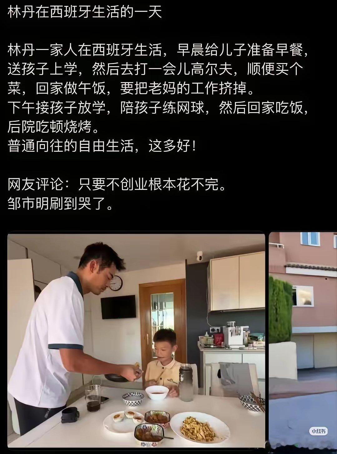 林丹一家的幸福生活。林丹并非跑去西班牙定居或移民，而是为了陪读儿子小羽在西班牙瓦
