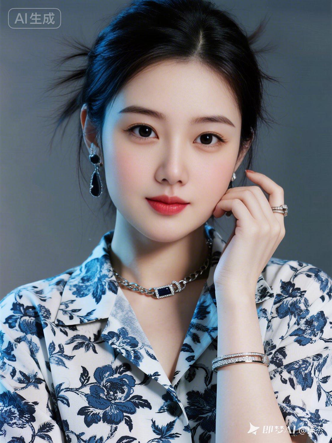 优雅蓝花衬衫，精致珠宝点缀，尽显时尚魅力！💎✨