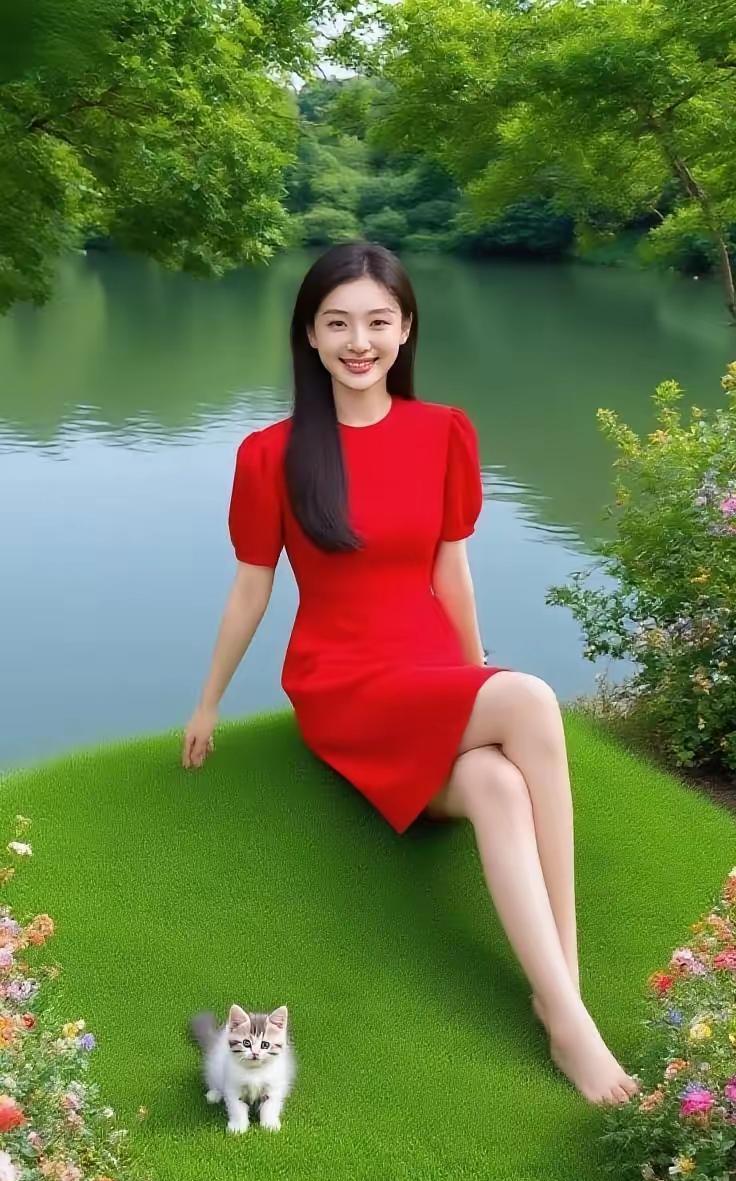 《湖畔姑娘》湖畔，那抹红是燃烧在绿幕上的火点亮了整个季节姑娘坐在草毯似