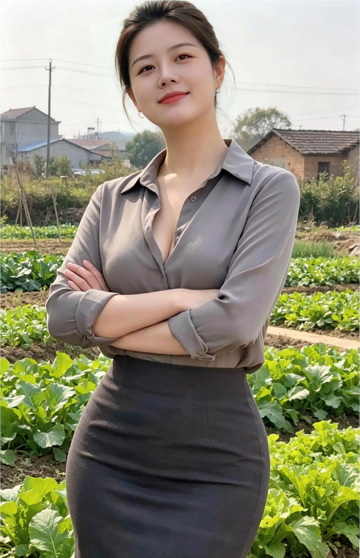 菜叶青青，村舍静静。你站在田埂上，袖口挽着风，双臂轻拥晨光。